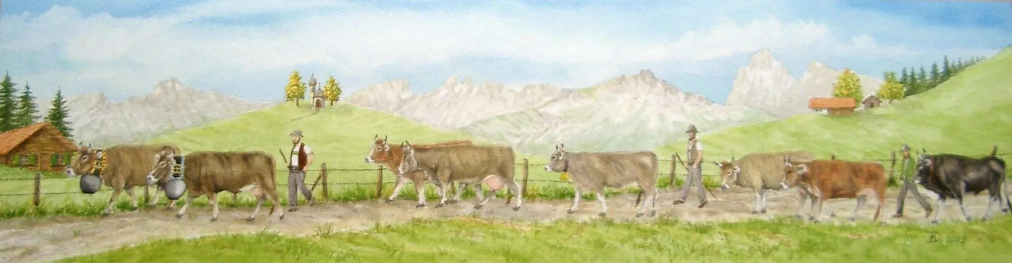 Aquarellbild eines Almabtriebs - Headerbild